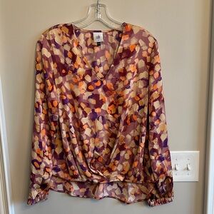 CAbi Berry Print Draped Surplice Blouse with Orange & Purple Spots